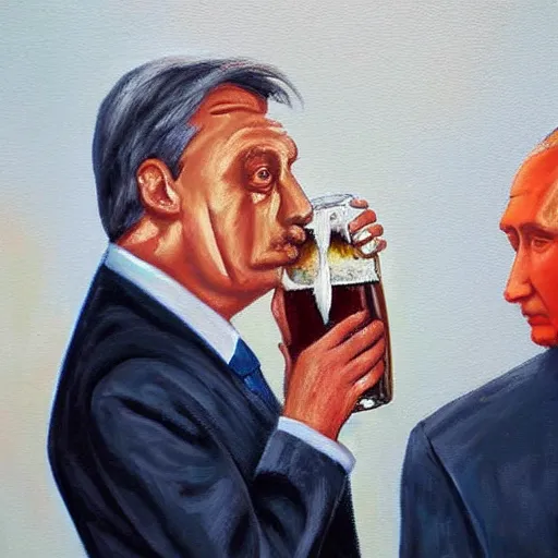 Image similar to viktor orban drinking beer with putin, anatomically correct, oil painting, highly detailed