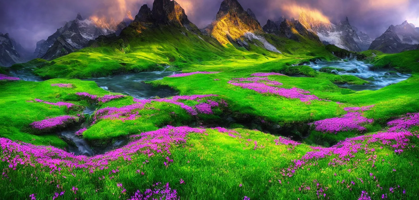 Image similar to amazing landscape photo of switzerland green spring with flowers by marc adamus, beautiful dramatic lighting