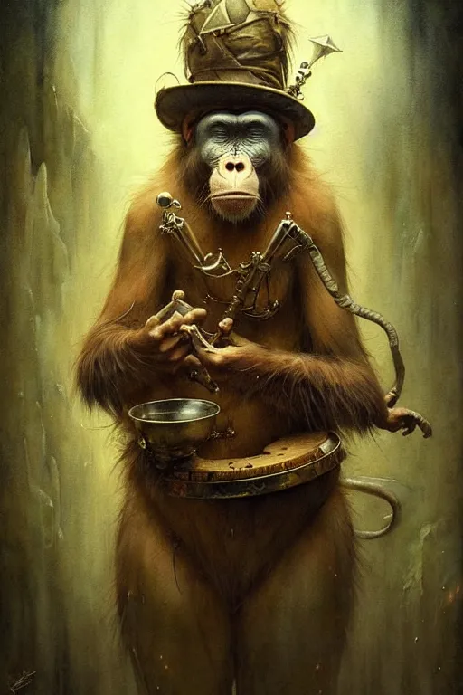 Prompt: ape magician | esoteric symbolism | jean - baptiste monge, esao andrews, bastien lecouffe - deharme, tim jacobus, ken currie | ultra - detailed realism, soft cinematic lighting, hi - fructose, artstation, high - quality, ink watercolors wes anderson poster art