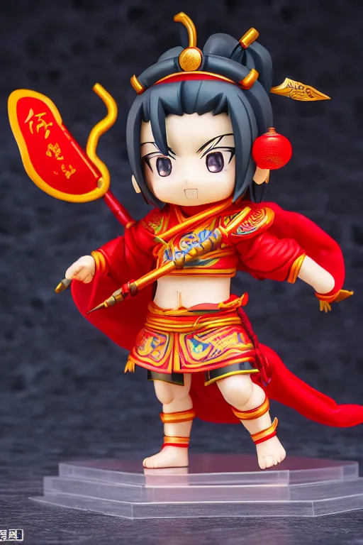 Image similar to arty chinese mythology ne zha nendoroid full body hyperdetalied, hero pose, osamu tezuka, macoto takahashi, chibi, q posket, 8 k realistic, 3 d, cryengine, exquisite, red cloth around his shoulders, hold spear, ne zha ( 2 0 1 9 ), fenghua zhong,