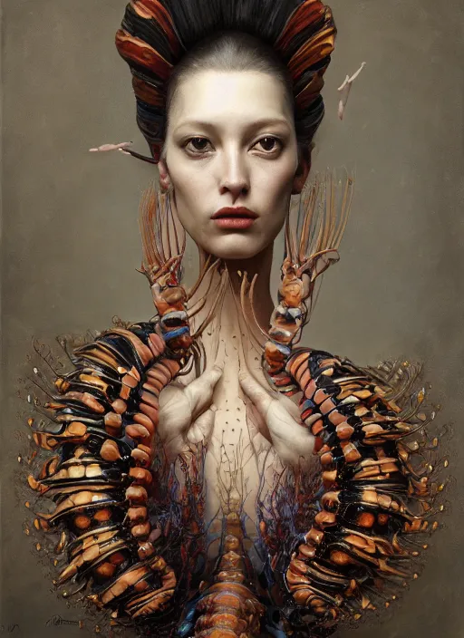 Prompt: highly detailed oil painting | very intricate | cinematic lighting | award - winning | mantis shrimp fashion by alexander mcqueen | by roberto ferri, by tom bagshaw, by j. c. leyendecker and klimt, american romanticism, by austin osman spare, artstation, cgsociety, official art, octane