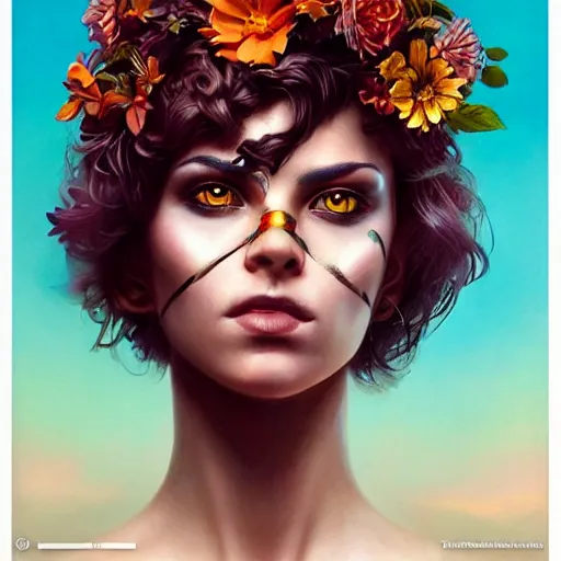 Image similar to Lofi cyberpunk portrait beautiful woman with short brown curly hair, roman face, phoenix, rainbow, floral, Tristan Eaton, Stanley Artgerm, Tom Bagshaw