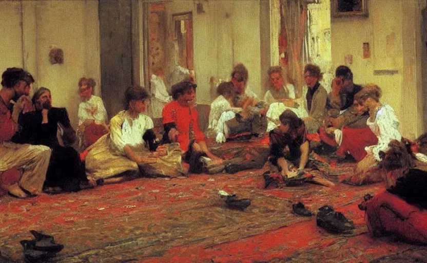 Image similar to high quality high detail painting by ilya repin, people sitting on the floor around the room, hd