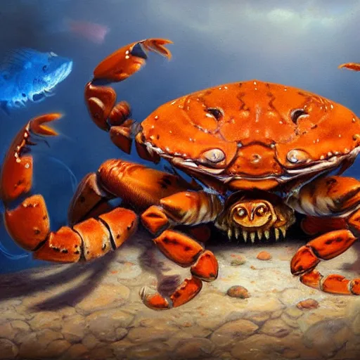 Image similar to tiger - crab creature, oil painting by justin gerard, deviantart