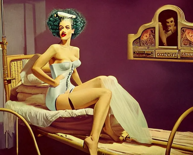 Prompt: phtorealistic modern pin up of the bride of frankenstein posing in a bed in the room of a sanatarium, full body, campy color scheme, realistic, center, smooth, golden ratio, detailed, gil elvgren, earl moran, joyce ballantyne