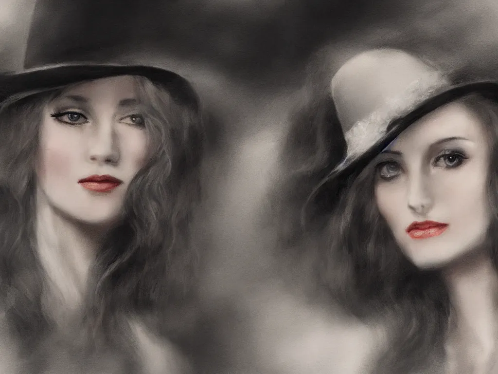 Image similar to Close up portrait of an elegant long haired lady wearing a gentleman suit and tophat in anime style, highly detailed, matte painting, noir, 70s, americana, photorealistic, ethereal ghostly atmosphere