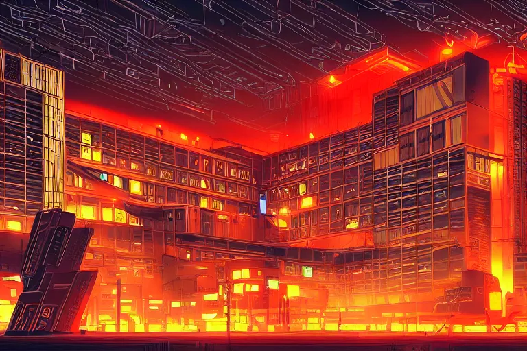 Image similar to orange government building, cyberpunk city, studio gainax art, intricate electronics, moody lighting