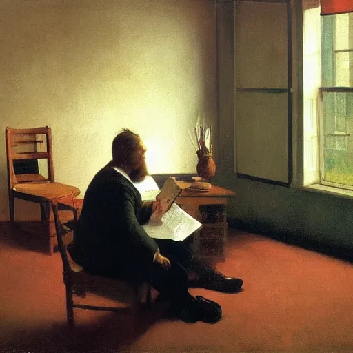 Image similar to some guy sitting in his small room looking at a computer screen. jamie wyeth greg rutkowski winslow homer thomas eakins lucian freud edward hopper j. m. w. turner edgar degas giorgio morandi peter doig oil painting