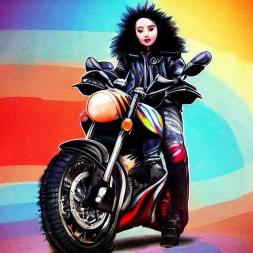 Image similar to wide angle full body, jacket wearing fluffy cute rainbow kitten wearing a black leather motorcycle jacket, riding on a motorcycle, cinematic concept art