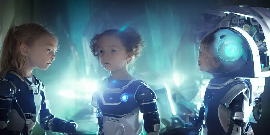 Prompt: futuristic children with rgb ambient lighting eye implants. the children wears spacesuits, and explores the cosmos rocket powered motorcycles. science fiction blockbuster movie teen nebulous or my robot ate my homework, dramatic lighting, interstellar film ( 2 0 1 4 )