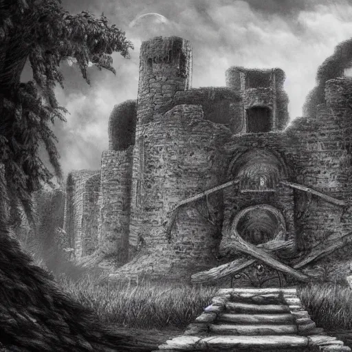 Image similar to ruined castle in the style of kentaro miura, 4 k, 8 k, absolute detailing of even the smallest details and particles, beautiful shadows, beautiful art, black and white drawing