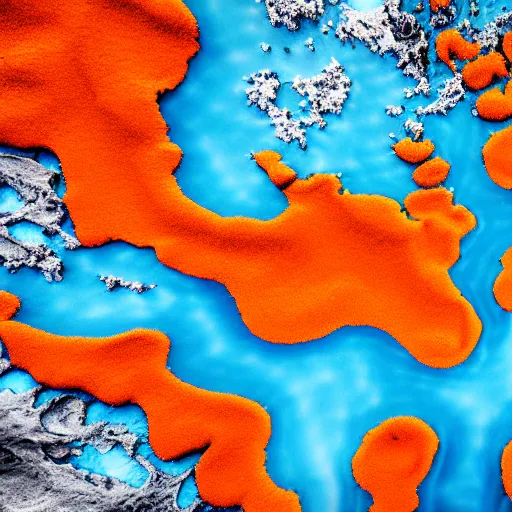 Prompt: top down view of map of iceland made out of ice, highly detailed, surrounded by ocean made out of hot orange lava, realistic