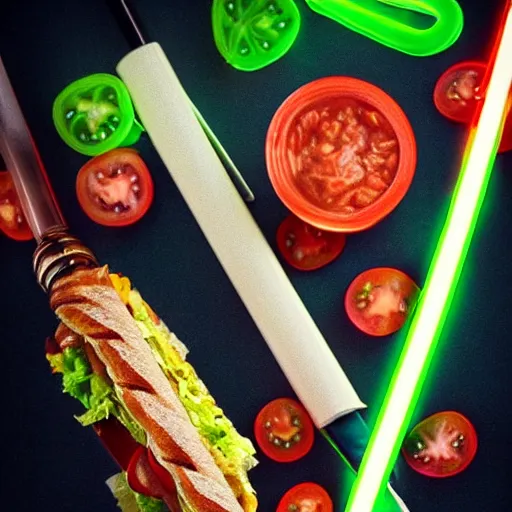 Image similar to an extremely high quality photo of a surreal neon-lightsaber-sandwich, ((sandwich)) creation, a hybrid mixture of lightsabersandwich filled with lightsaber neons and sandwichlightsaberneontube-tomatos, neon tubesauce drizzled, drooping lightsaber lettuce, glowing sandwich, radioactive sandwich, promotional photo, 4k polymer clay food photography