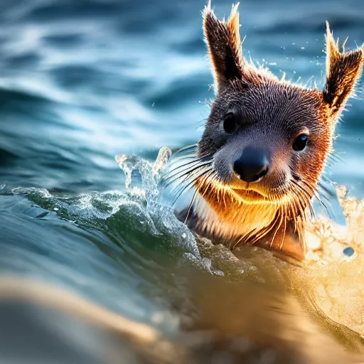 Image similar to a closeup photorealistic photograph of a cute kangaroo - otter hybrid splashing in the surf during sunset. professional capture, well lit shot. this 4 k hd image is trending on artstation, featured on behance, well - rendered, extra crisp, features intricate detail, epic composition and the style of unreal engine.