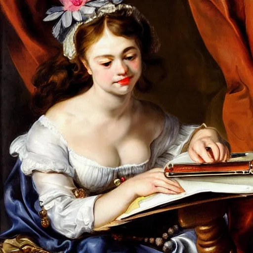 Image similar to heavenly summer sharp land sphere scallop well dressed lady working on her laptop auslese, by peter paul rubens and eugene delacroix and karol bak, hyperrealism, digital illustration, fauvist