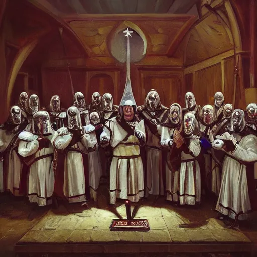 Image similar to award winning portrait photo of knights templar having a party, photorealistic