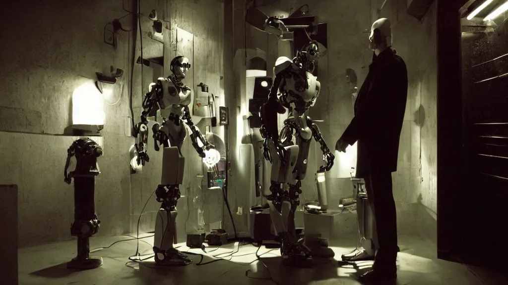 Image similar to movie scene of a man and a robot having a moment of jealousy, movie still, cinematic composition, cinematic light, by david lynch and gaspar noe