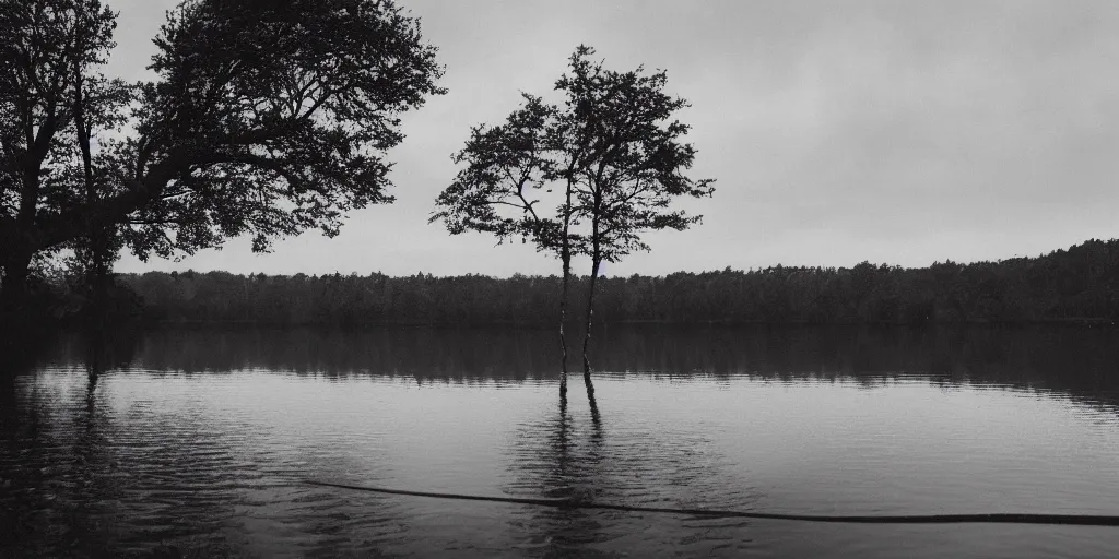 Prompt: centered photograph of a infintely long rope zig zagging across the surface of the water into the distance, floating submerged rope stretching out towards the center of the lake, a dark lake on a cloudy day, moody scene, trees in the background, hyper - detailed photo, anamorphic lens