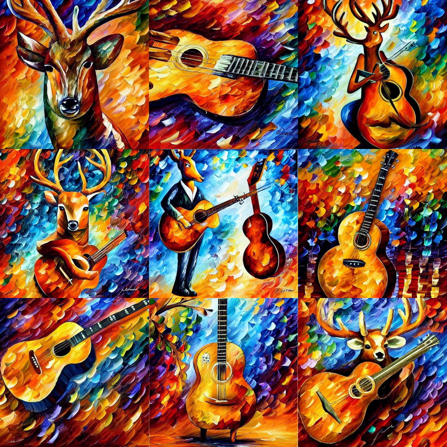 Prompt: , guitar in the shape of a deer, romantic, warm, musical notes, detailed, realistic, in the style of leonid afremov