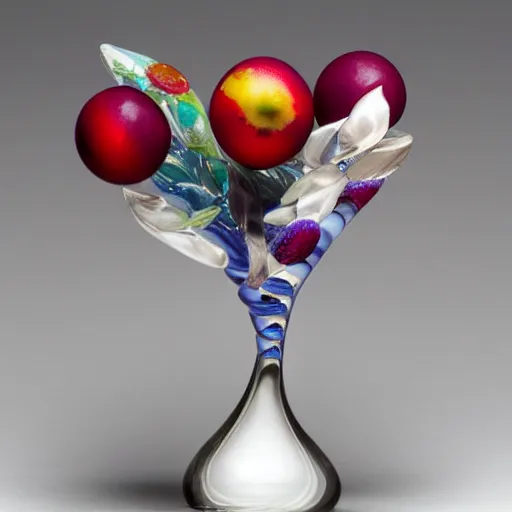 Prompt: A beautiful vase designed by a master glass and jewelry designer. Created by nanotechnology. fruit theme,