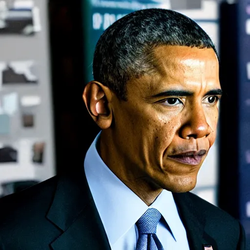 Prompt: film still cnn obama nervously standing next to a mountain of papers, 4 k