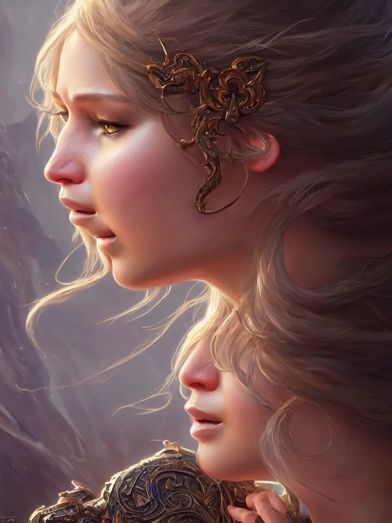 Image similar to Jennifer Lawrence, closeup, D&D, fantasy, intricate, elegant, highly detailed, digital painting, artstation, concept art, matte, sharp focus, illustration, hearthstone, art by Artgerm and Greg Rutkowski and Alphonse Mucha