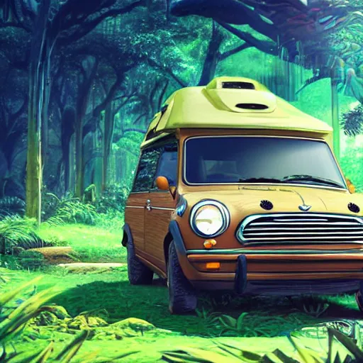 Image similar to a mini van in the middle of the jungle, hyperdetailed, ambient occlusion, pfp, lensflare, ghibli style, anime background, octane