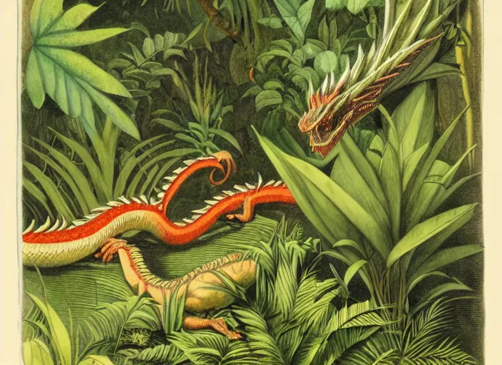 Prompt: a dragon in a tropical forest, john james audubon, vintage botanical, intaglio