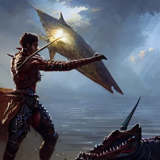 Image similar to a crocodile warrior holds a morning star and a shield, by greg rutkowski, magic the gathering,