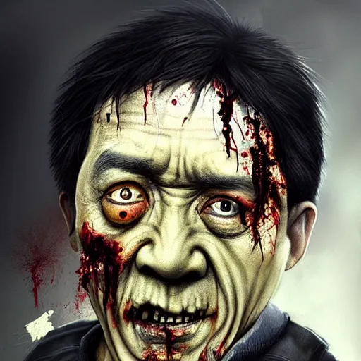 Image similar to a zombie Jackie Chan, by WLOP, horror, wounds, bloody, detailed, realistic, trending on artstation