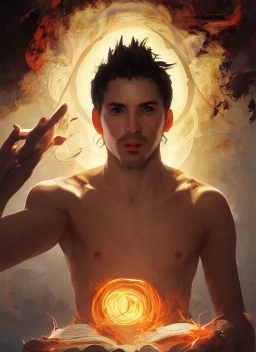 Image similar to character concept portrait of an attractive young focused Spanish wizard with pale orange skin conjuring an burning spell, a floating iridescent spell book in the center, intricate, elegant, digital painting, concept art, smooth, sharp focus, illustration, from Metal Gear, by Ruan Jia and Mandy Jurgens and William-Adolphe Bouguereau, Artgerm