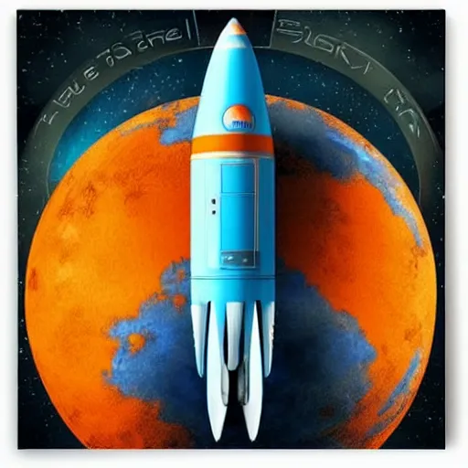 Image similar to blue v2 rocket in space, orange fruit as a planet, intricate sci-fi poster by Denis Villeneuve