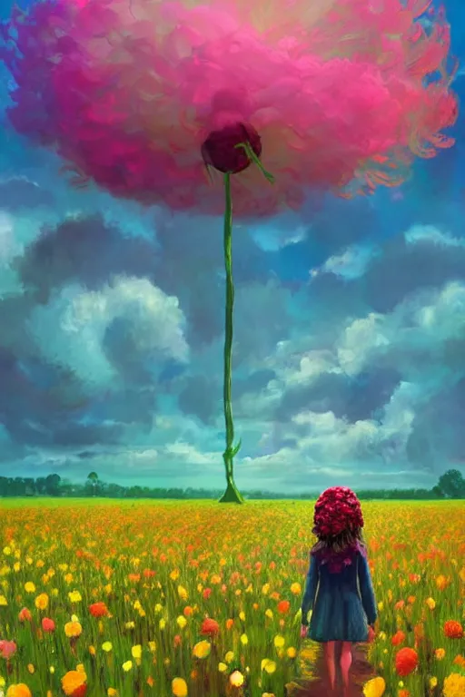 Image similar to giant flower head, girl walking in a flower field, surreal photography, sunrise, dramatic light, impressionist painting, colorful clouds, digital painting, artstation, simon stalenhag