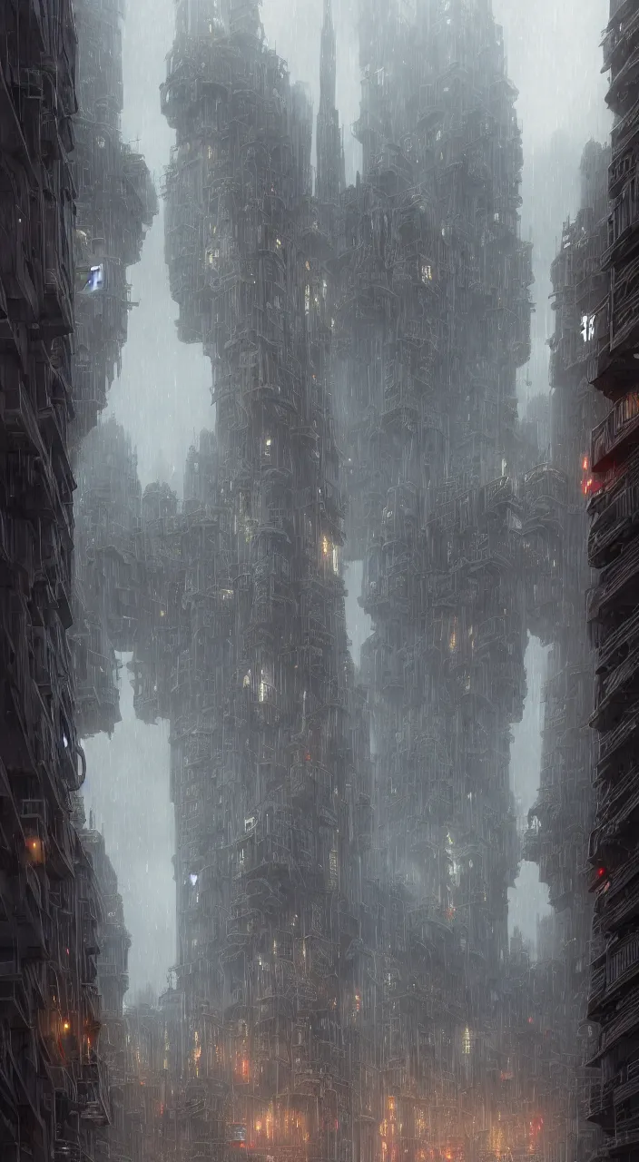 Image similar to highly detailed brutalist architecture city, star wars imperial style, while it's raining, stephen bliss, unreal engine, fantasy art by greg rutkowski, loish, rhads, ferdinand knab, makoto shinkai, ilya kuvshinov, rossdraws, global illumination, radiant light, detailed and intricate environment