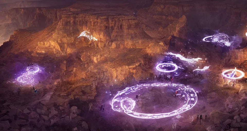 Prompt: night, a lot of people and a spiral - shaped white luminous attractor is floating in grand canyon, concept art, art for the game, professional lighting, art