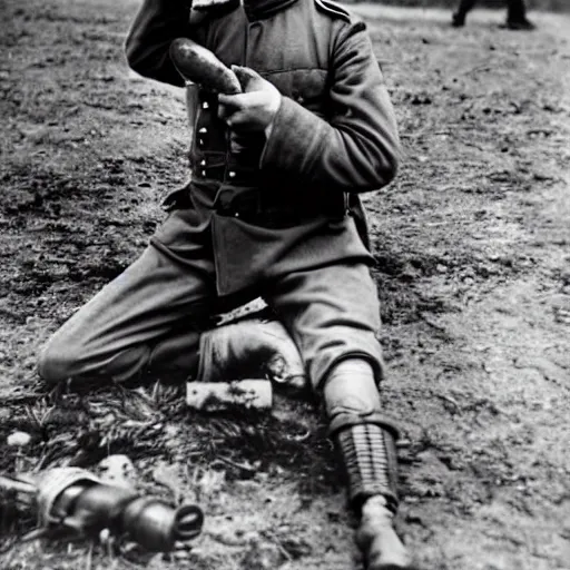 Prompt: WW1 photograph of a soldier wielding a hot dog like a gun