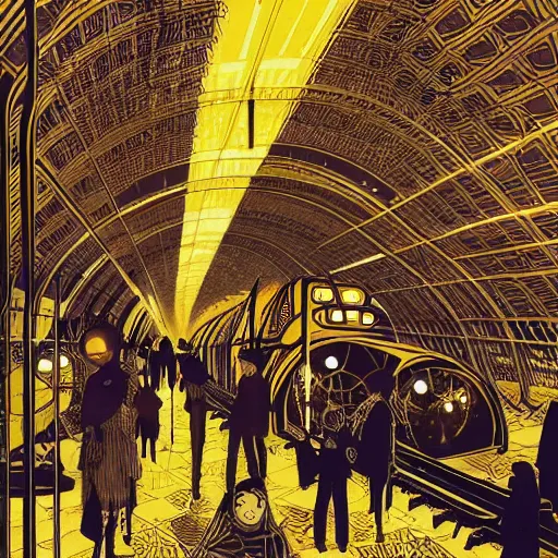 Image similar to parisian subway, illustration by victo ngai