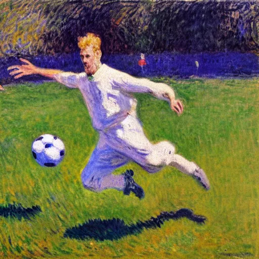 Image similar to monet painting of a skinny blonde man falling over a soccer ball, highly detailed, realistic,