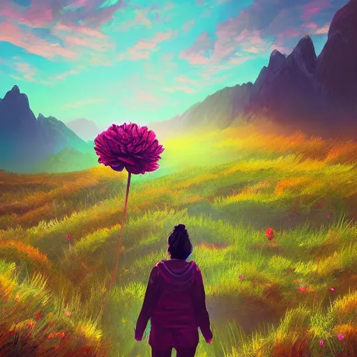 Prompt: giant carnation flower head, girl hiking in the mountains, surreal photography, sunrise, dramatic light, impressionist painting, colorful clouds, digital painting, artstation, simon stalenhag