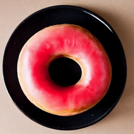 Image similar to Perfectly circular donut!!!!! in the shape of a watermelon!!!!!!, trending on artstation, 4k, 8k, professional photography, overhead shot, 35mm lens