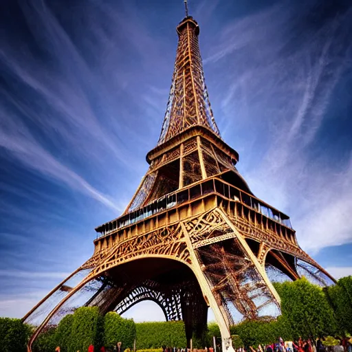 Prompt: eiffel tower constructed out of wood, beautiful, stunning, coherent, landscape photo, realistic