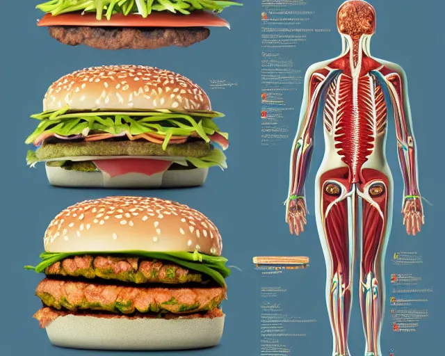 Image similar to Biologically accurate anatomical description of a Big Mac, medical book, full page, quadrichromic