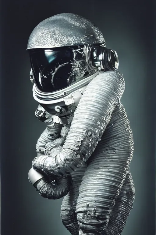 Prompt: extremely detailed studio portrait of space astronaut, alien tentacle protruding from eyes and mouth, slimy tentacle breaking through helmet visor, shattered visor, full body, soft light, plain studio background, disturbing, shocking realization, award winning photo by richard avedon