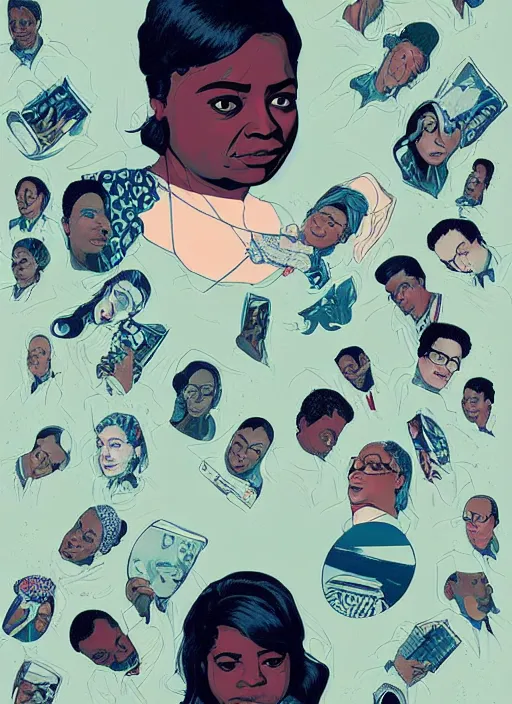 Prompt: poster artwork by James Jean and Tomer Hanuka, of Octavia Spencer has a mysterious man's voice in her hear who lives in a resort, psychological thriller film scene from scene from Twin Peaks, clean, simple illustration, nostalgic, domestic, full of details