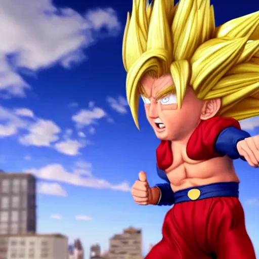 Image similar to photorealistic of an hyper realistic super sayan trump flying in the sky and prepare a kamehameha above new york city. accurate and high details on trump's face. intricate, highly detailed, unreal engine 5.