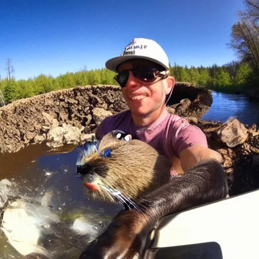 Prompt: beaver making a dam selfie with gopro camera