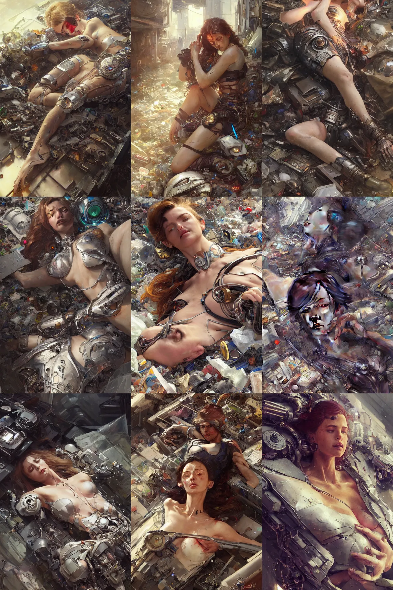 Prompt: Ultra realistic, dead cyborg woman lying among the garbage, cyberpunk, sci-fi, fantasy, intricate, elegant, highly detailed, digital painting, artstation, concept art, smooth, sharp focus, illustration, art by artgerm and greg rutkowski and alphonse mucha