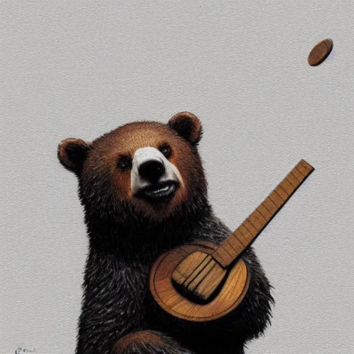 Prompt: realistic bear holding a triangular wooden triangle + guitar sound hole + guitar neck, highly detailed, digital painting, artstation, concept art, smooth, sharp focus, illustration, cinematic lighting, art by artgerm and greg rutkowski and alphonse mucha