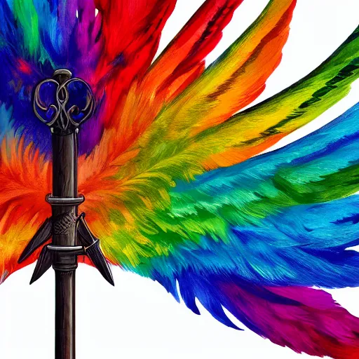 Image similar to medieval weapon, long spear made of multicoloured feathered wings, prismatic, detailed drawing, magic the gathering, white background