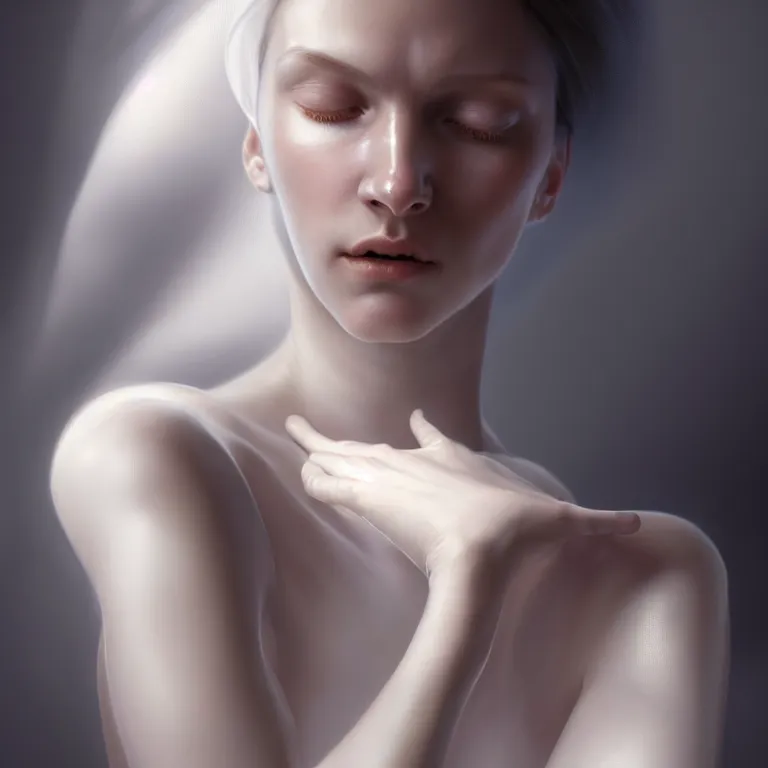 Image similar to a wonderful realistic portrait of a lonely woman with a detailed wonderful face who is dressed with a wonderful, majestic, large semi transparent white cotton dress, accent white lighting, dramatic light, octane render by roberto ferri, fantasy art, photo realistic, dynamic lighting, unreal engine rendered, artstation, poster, dramatic light, - 8 k, award winning